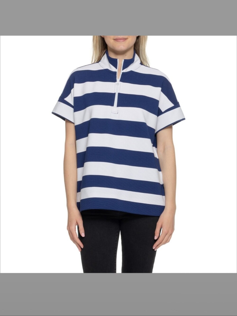 Lands' End Striped Zip-Neck  Top - Blue & White
